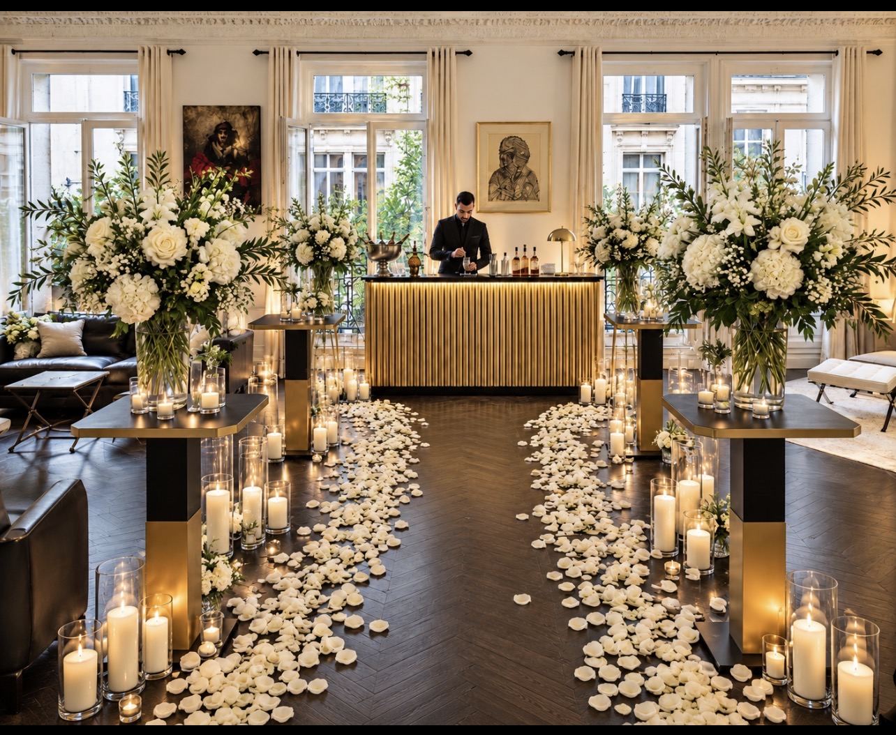 Salon aux canapés du Loft Triangle d'Or — moulures et lumière naturelle
